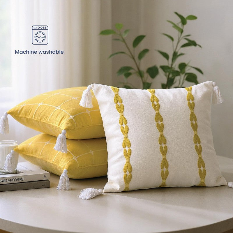 Urban Space Embroidered White,Yellow Cotton Cushion Cover Set -  Set of Three media 4