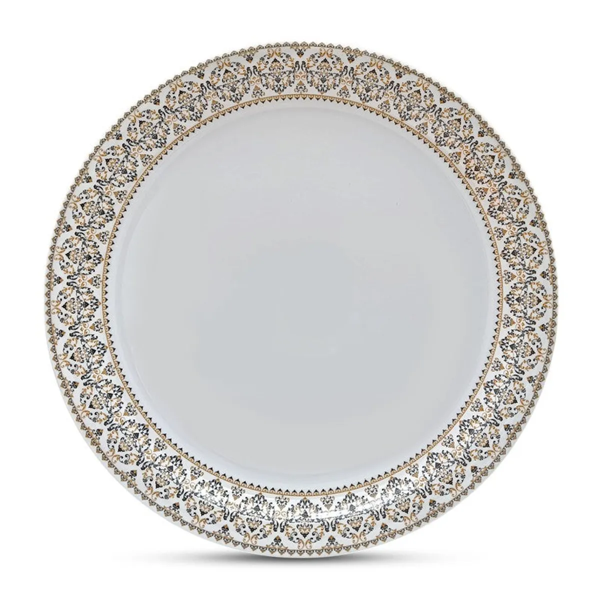 Close-up front view of a round white plate with an intricate decorative border.