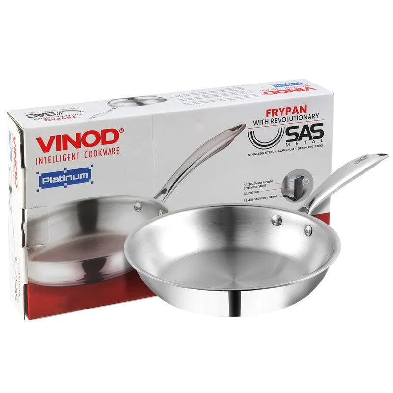 Silver frying pan displayed in front of its Vinod cookware box.