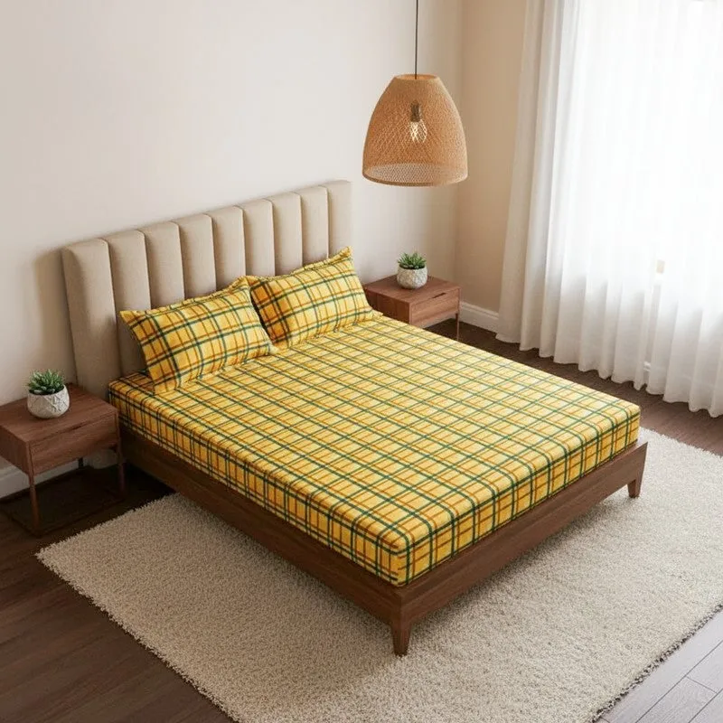 Sanja Checkered Cotton Bedsheet (Yellow) - 144 TC media 1