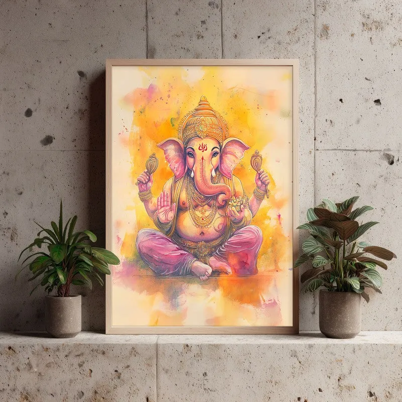Divine Vakratunda Spiritual Archival Paper Wall Painting - Natural Brown Frame media 3
