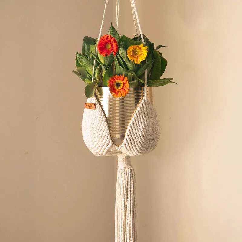 Ivory Hand-Knotted Hanging Planter media 3