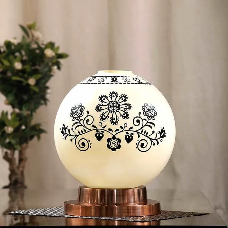 Round Floral Moon Hand Painted Glass Table Lamp With Copper Base - White,Black,Copper media 3