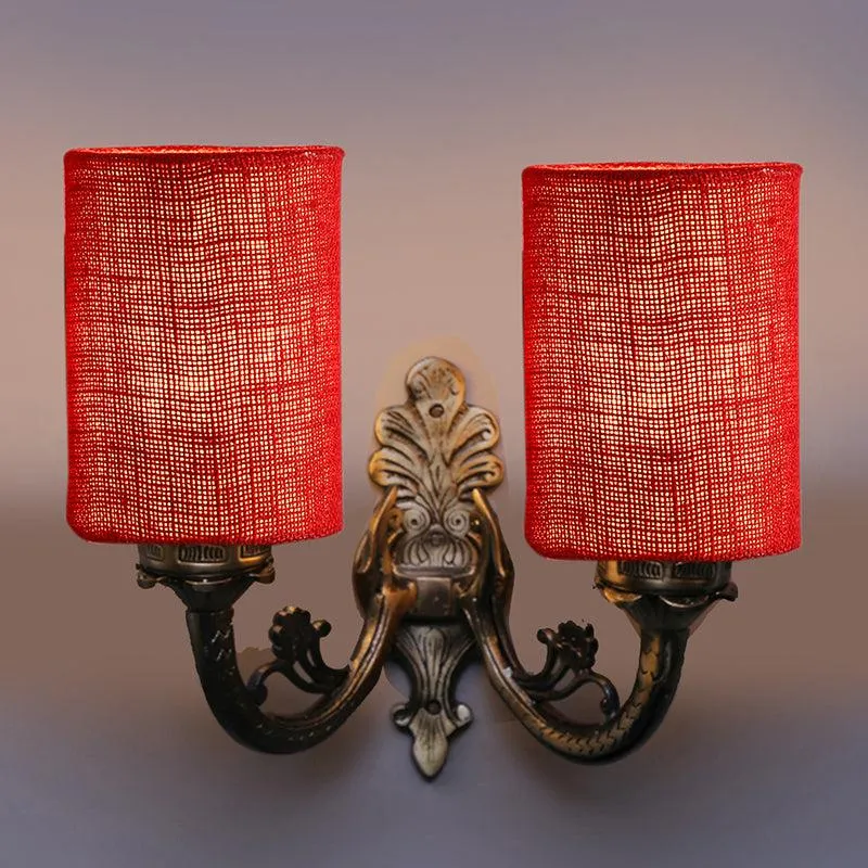 Vintage Cylindrical Duo Fabric & Metal Wall Lamp - Maroon media 1