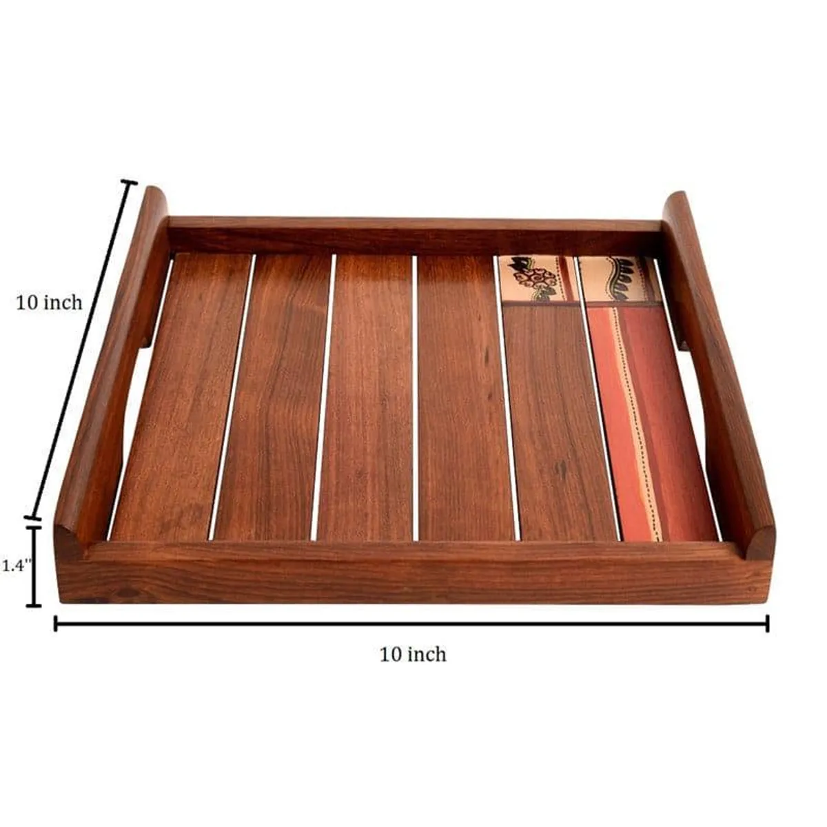 Brown wooden serving tray showing raised sides and decorative panel
