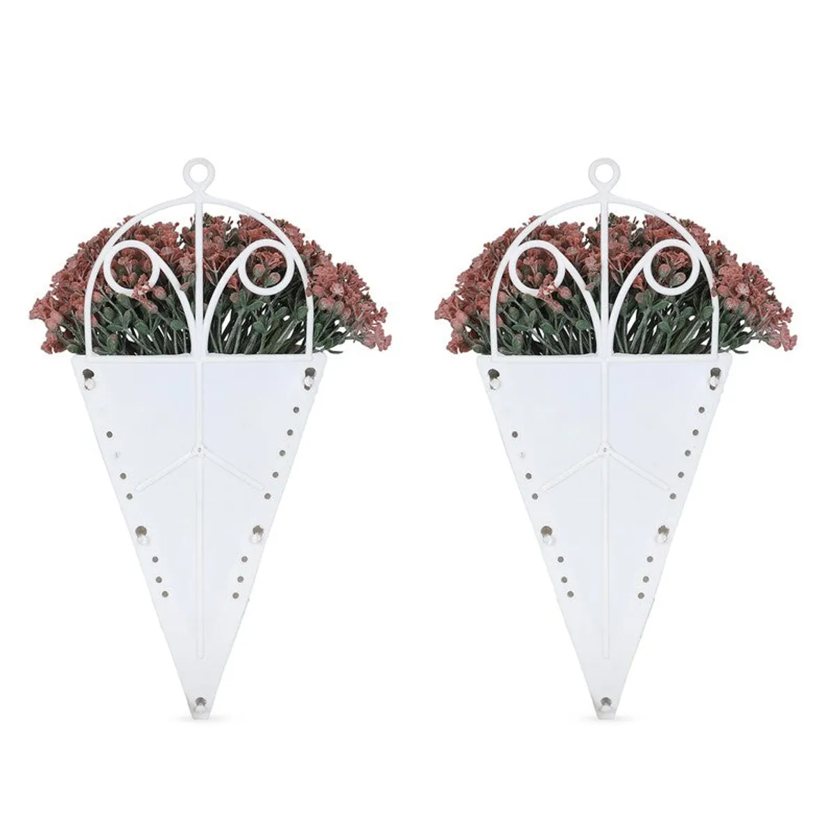 Rear view of two white cone-shaped hanging pots with peach artificial flowers