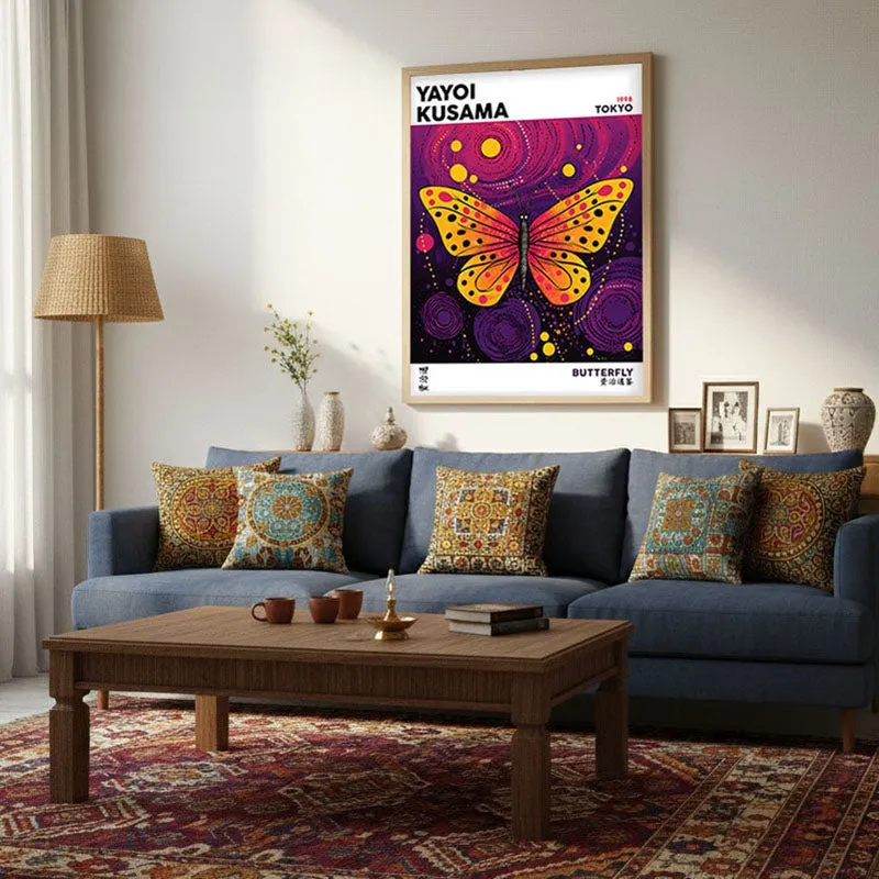 Butterfly Inspired by Yayoi Kusama Archival Canvas Wall Art - Natural Brown Frame media 3