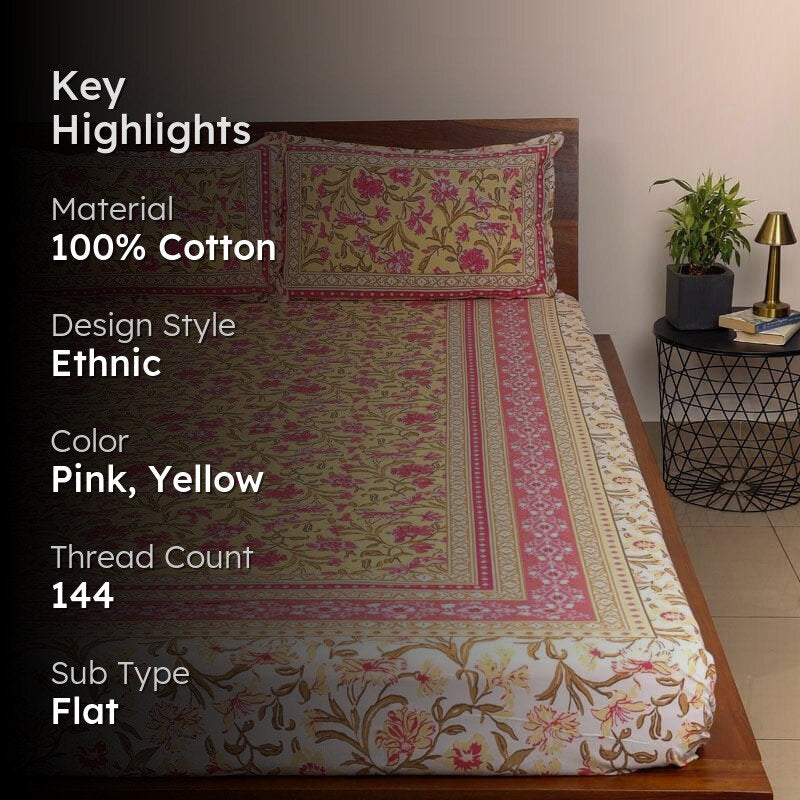 Nazakat Jaipuri Cotton Bedsheet (Pink) - 144 TC media 2