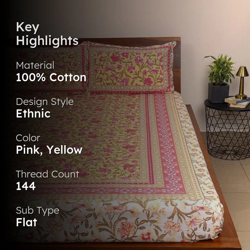 Nazakat Jaipuri Cotton Bedsheet (Pink) - 144 TC media 2