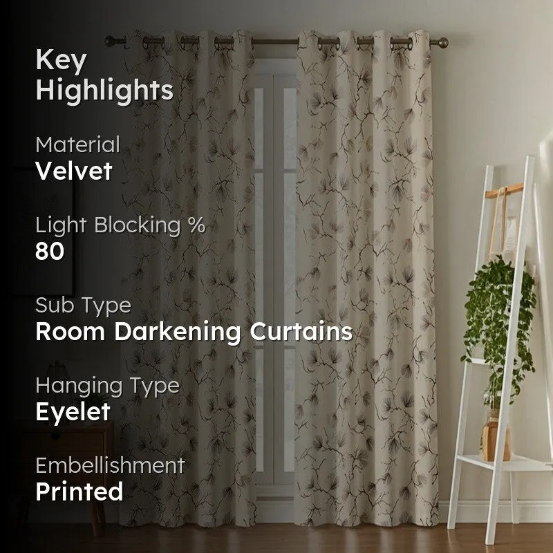 Soft Edge Printed Velvet Curtains (Ivory,Gold) - Set Of Two media 2