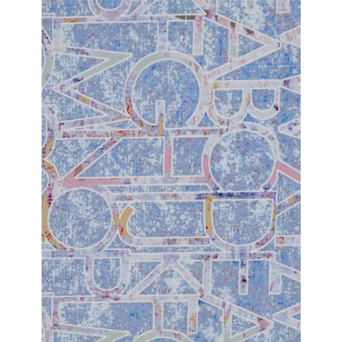 Detailed view of pale alphabet letters across the blue carpet.