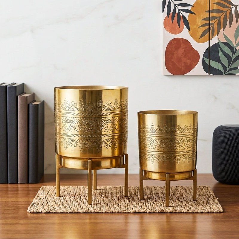 Vinyas Raaga Golden Planter with Stand - Set of Two