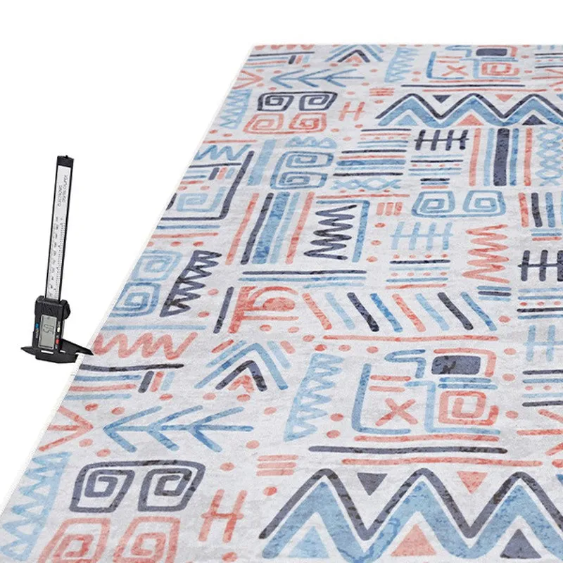 Low-angle view of the carpet surface with abstract geometric pattern