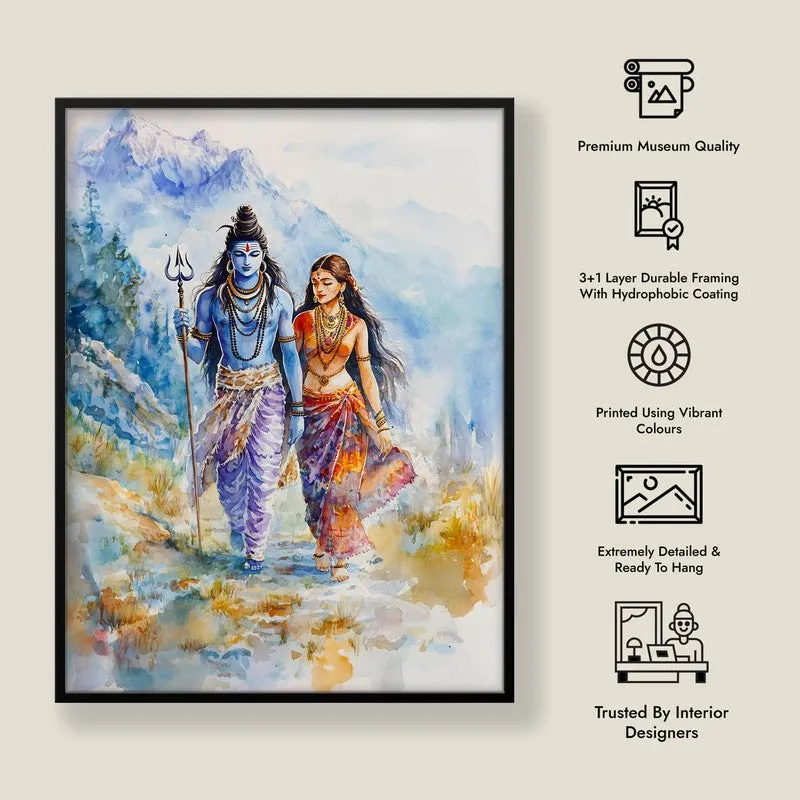Gangadhara Parvati Spiritual Archival Paper Wall Painting With Frame - Black media 8