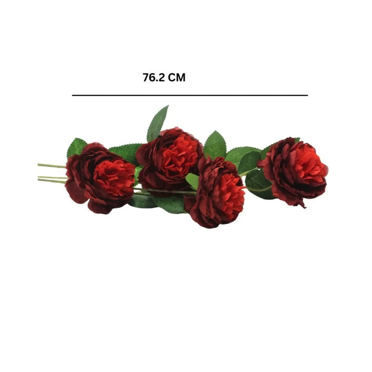 Horizontal view of red artificial rose flowers and green leaves with a size line above.