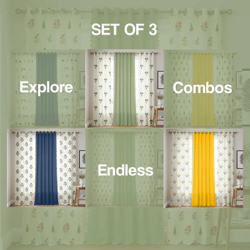 Green and floral curtain set shown in assorted colour combinations