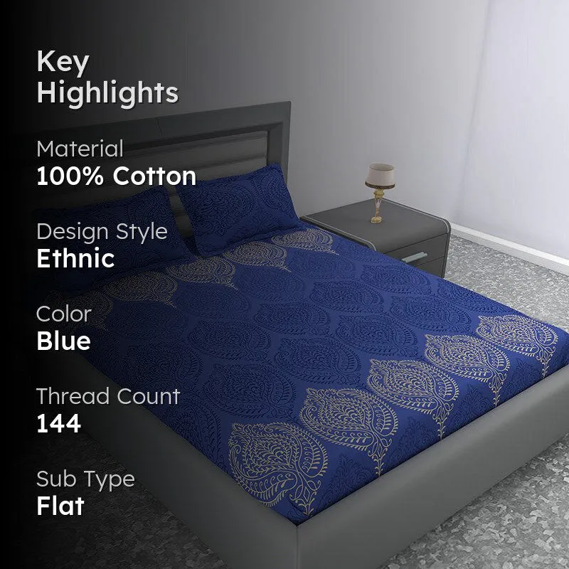 Folk Flair Ethnic Cotton Bedsheet (Blue) - 144 TC media 2