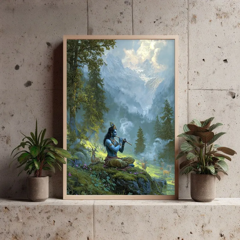Vrindavan Bihari Lord Krishna Playing Fluit III Archival Paper Wall Art - Natural Brown Frame media 3
