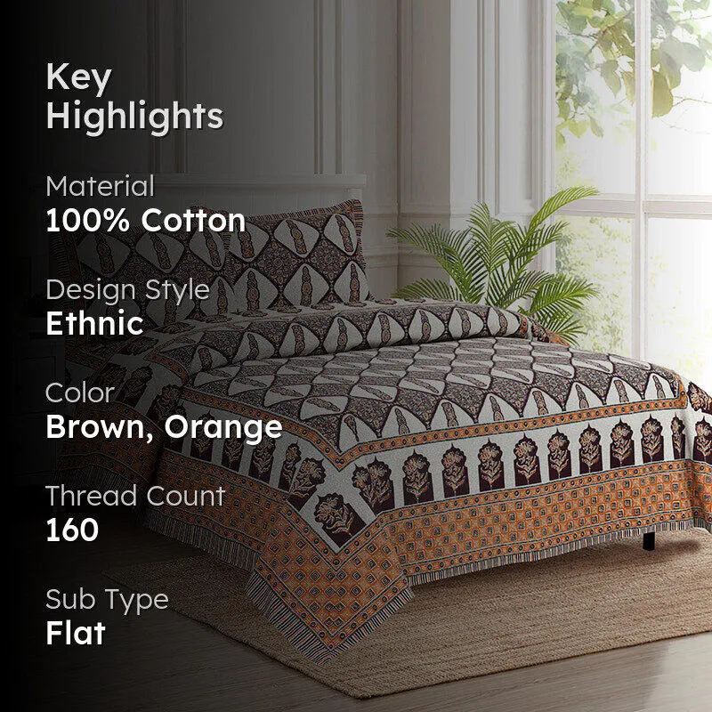 Apeksha Ethnic Cotton Bedsheet (Brown) - 160 TC media 2