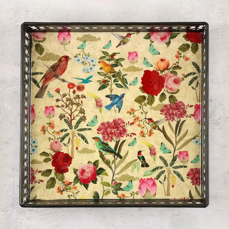 India Circus Floral Multicolor Square Galvanized Iron Serving Tray media 3