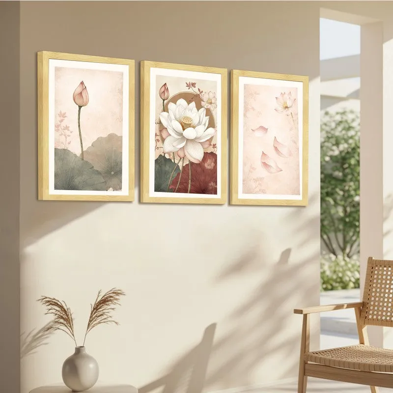 Blooming Lotus Paper Wall Painting With Frame - Set Of Three media 7