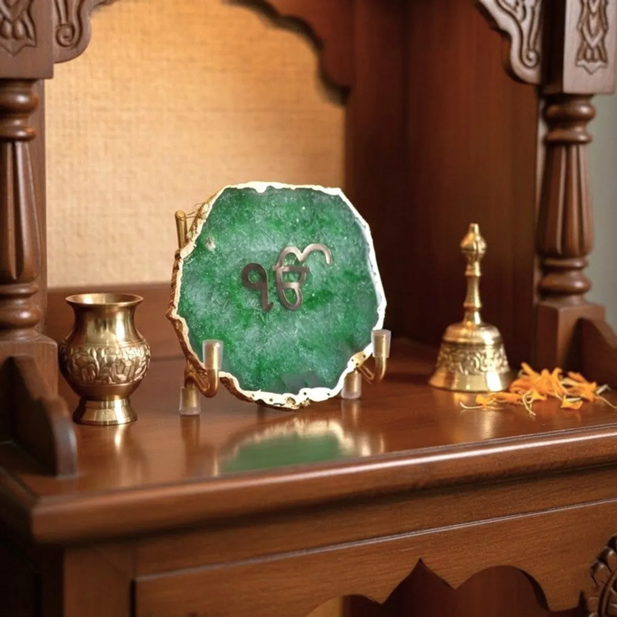 Green agate Ik Onkar accent displayed on a traditional wooden altar