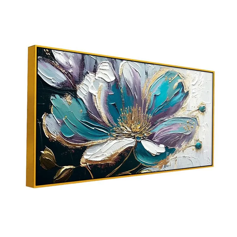 Shades Of Blue Brushstrokes Floral Canvas Wall Painting With Frame - Gold media 4