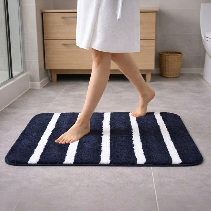 Soft Base Anti Skid Micro Fiber Bath Mat - Blue,White - 37 x 57 cms