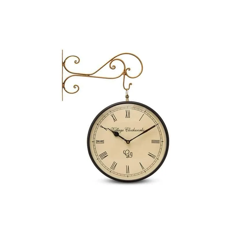 Round analogue wall clock with Roman numerals and decorative gold bracket on white