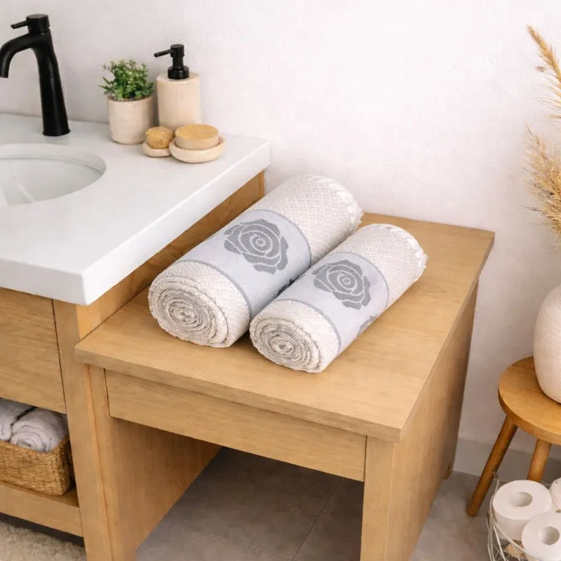 Rosette Cotton Hand & Bath Towel (Grey & White) - Set of Two media 1