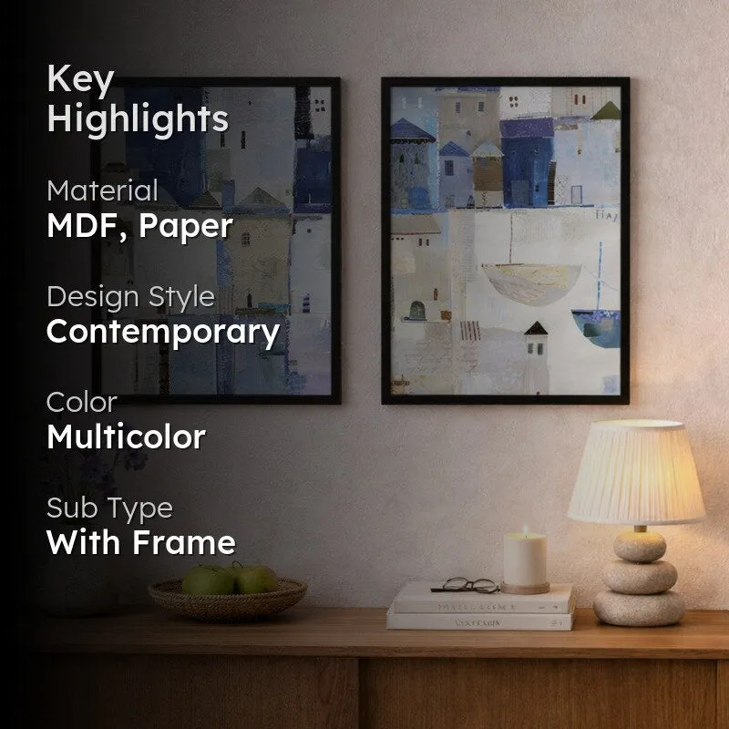 Blue Facades Paper Wall Painting With MDF Frame - Set Of Two media 2