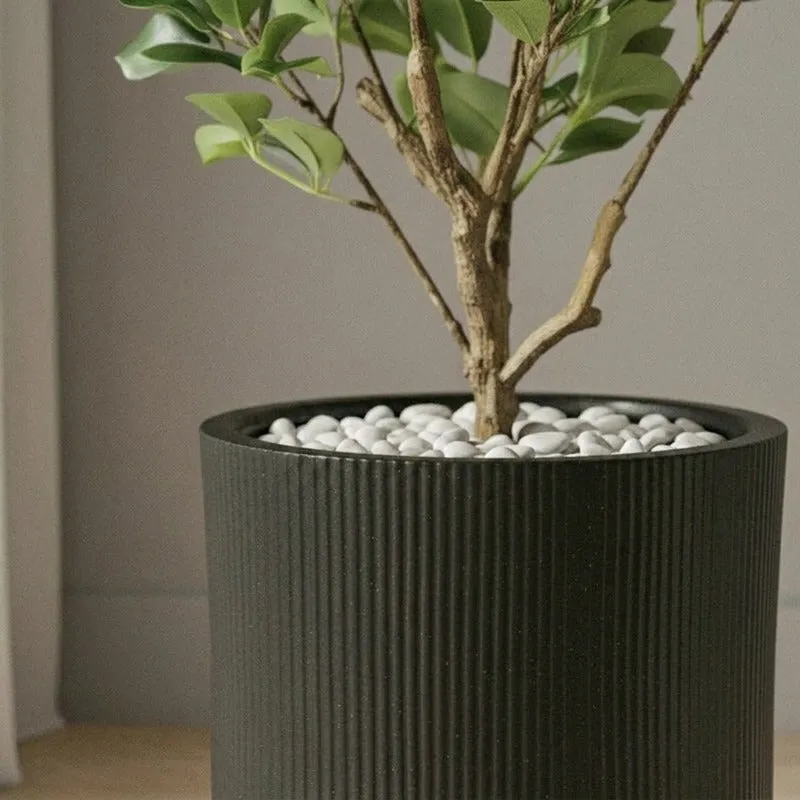 Close-up view of a leafy plant arranged in the black ribbed planter.