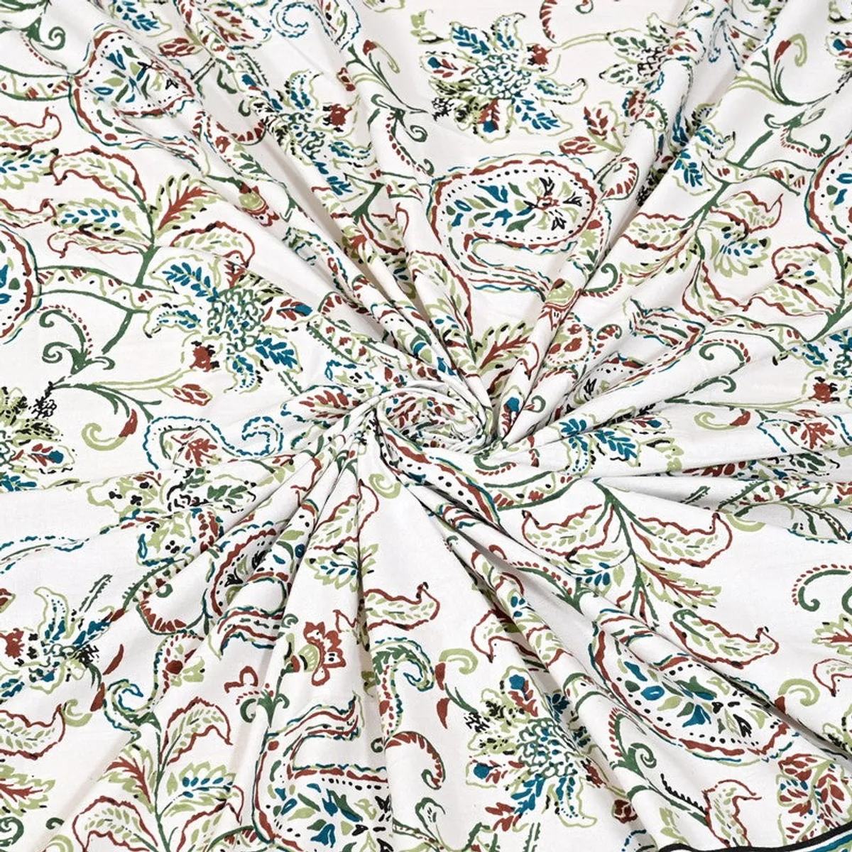Close-up of the soft floral printed cotton fabric gathered in folds