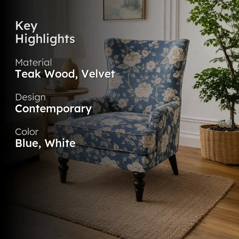 Vintage Blue Blossom Teak Wood & Velvet Printed Lounge Chair media 2