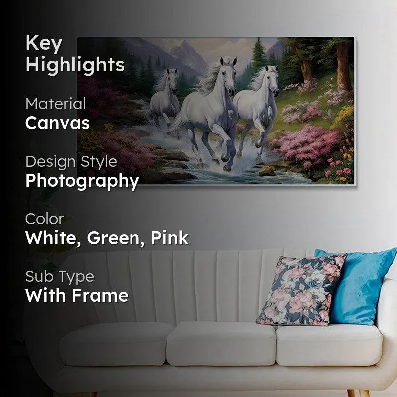 Stallions In A Glade Canvas Wall Painting With Frame - White media 2