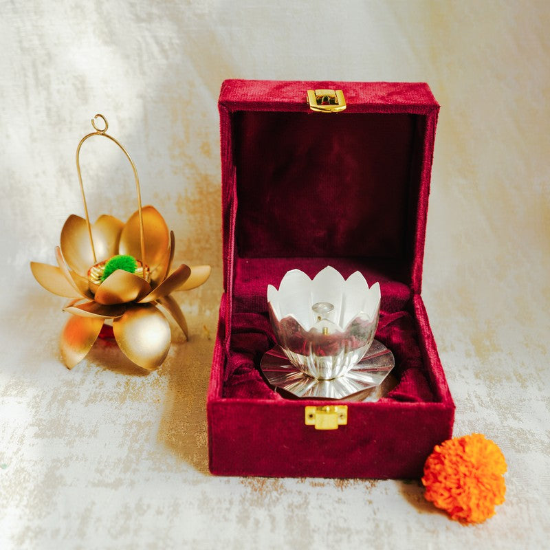 Luminique German Silver Diya with Gift Box