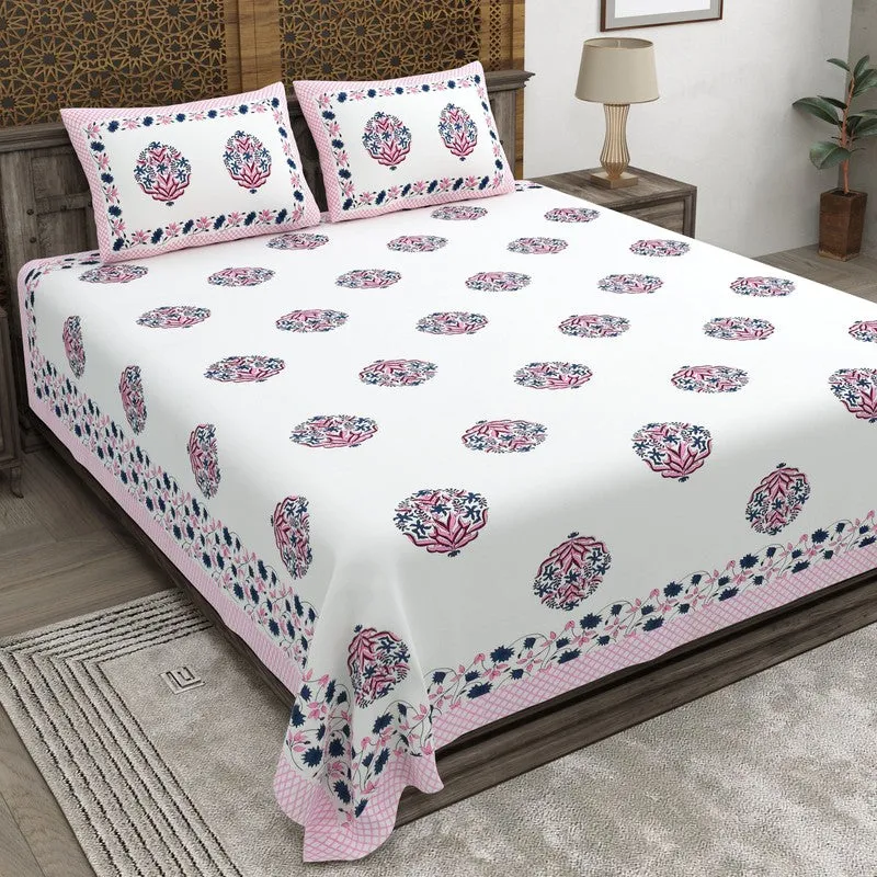 Rangen Cotton Bedsheet (White,Pink) - 240 TC media 1