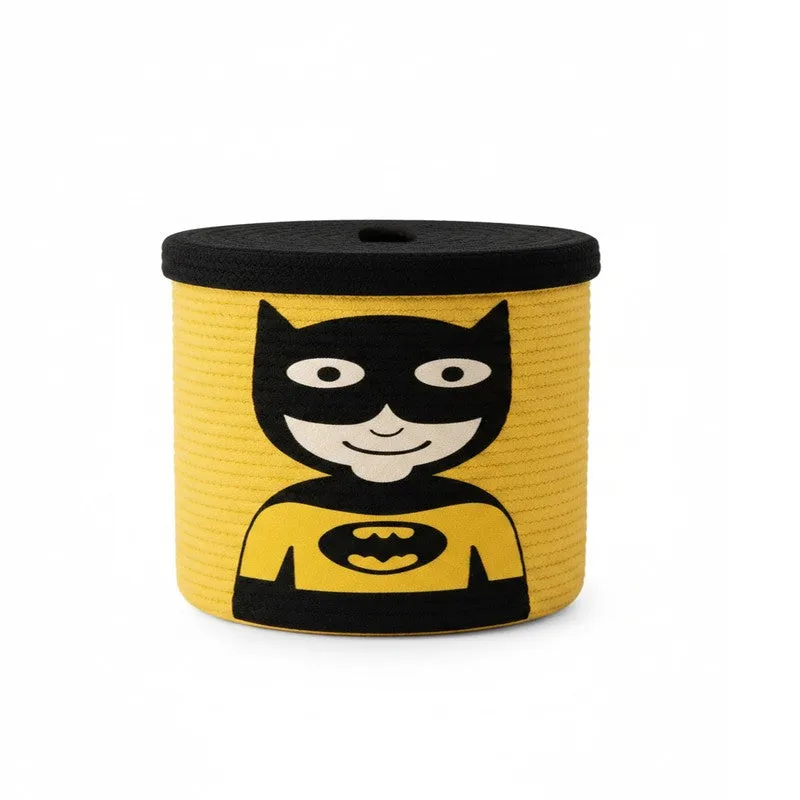 Yellow cotton storage basket with black lid and superhero character on the front