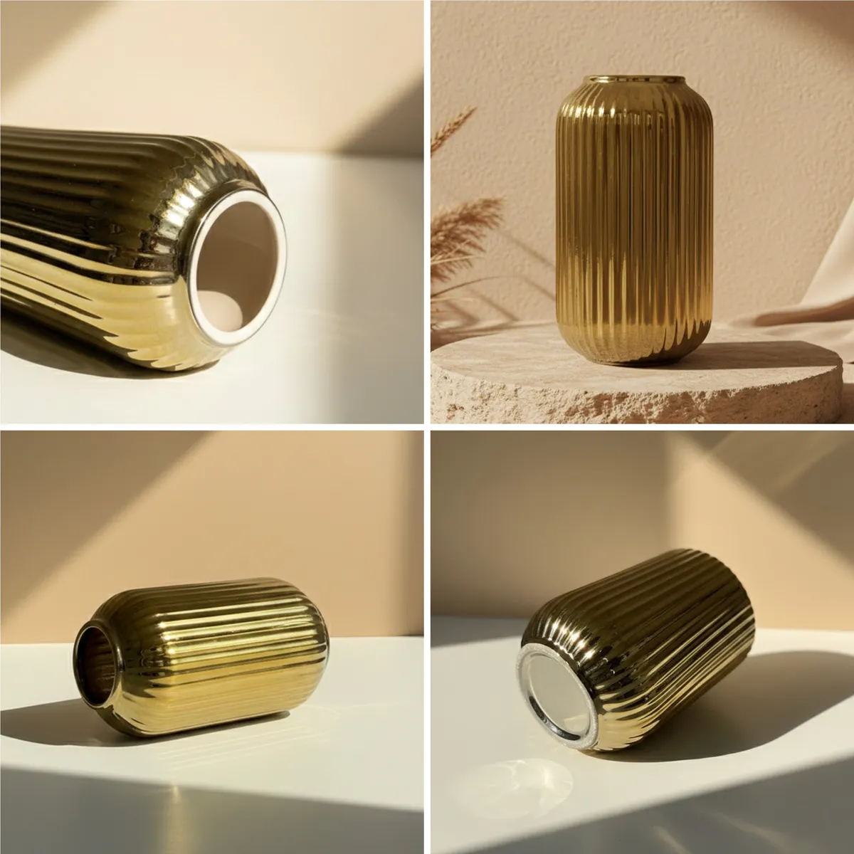 Opulent Ribbed Ceramic Vase - Gold media 9
