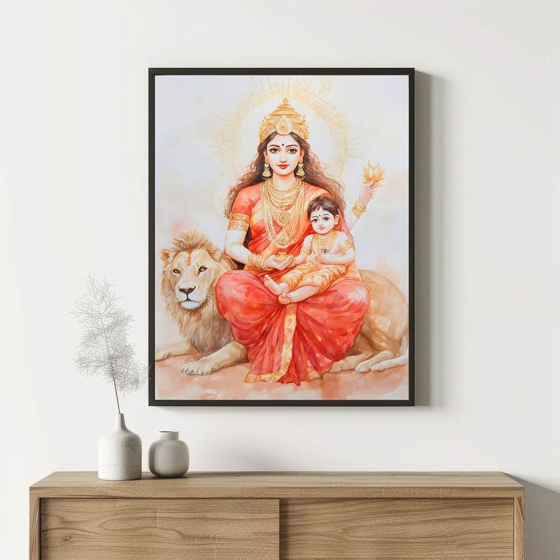Jaya Durga Mata Spiritual Archival Paper Wall Painting With Frame - Black