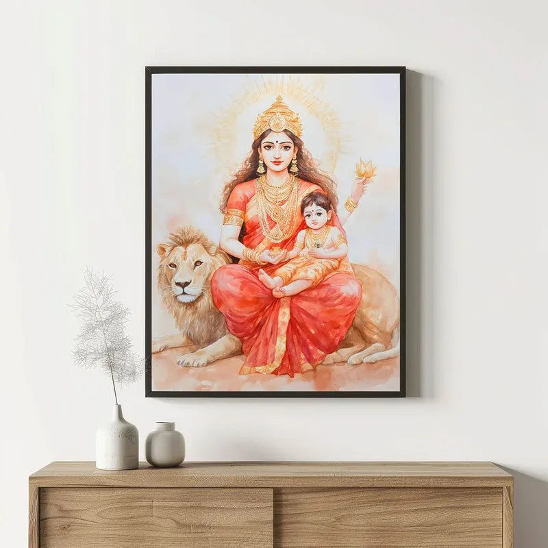 Jaya Durga Mata Spiritual Archival Paper Wall Painting With Frame - Black media 1