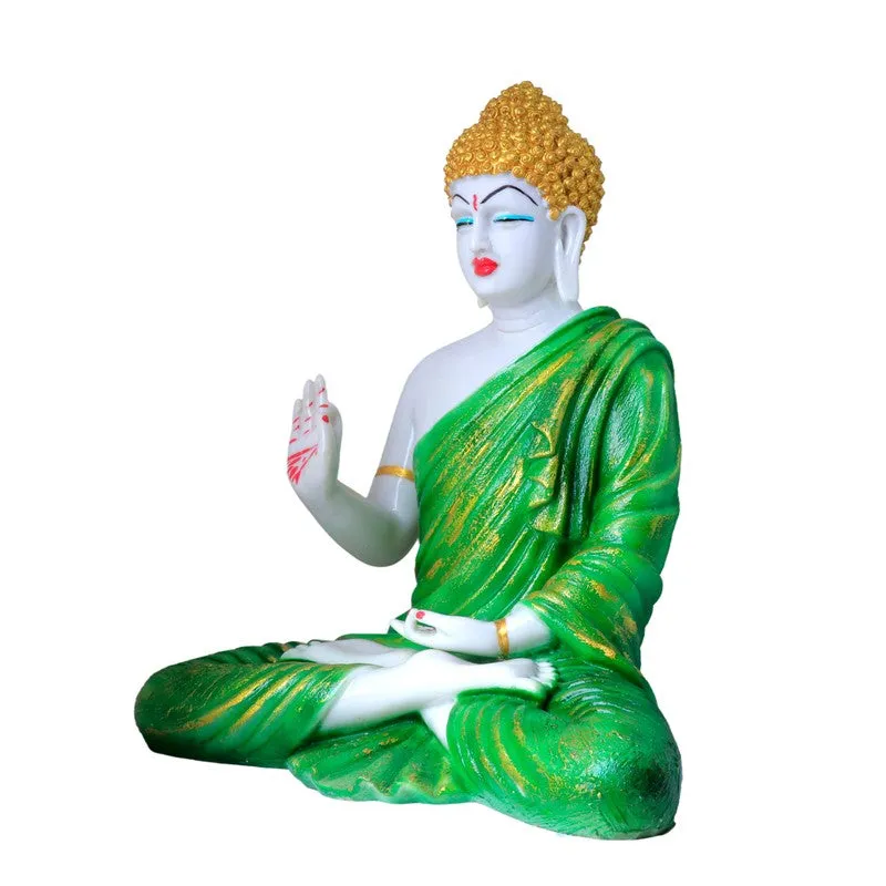 Three-quarter view of Buddha idol with gold-textured hair