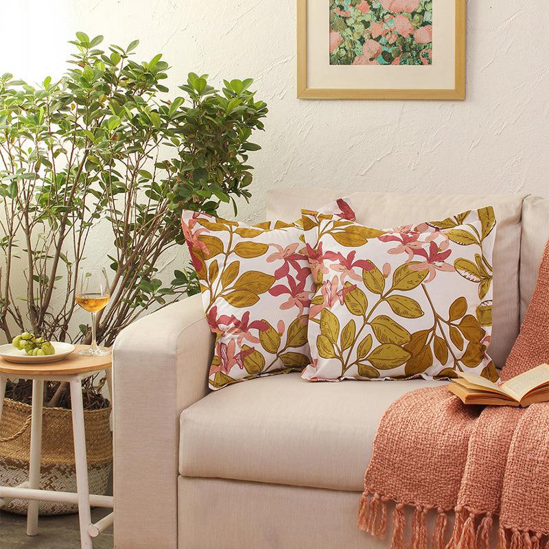 Moringa Cotton Cushion Cover (Pink, Olive Green) - Set Of Two media 2