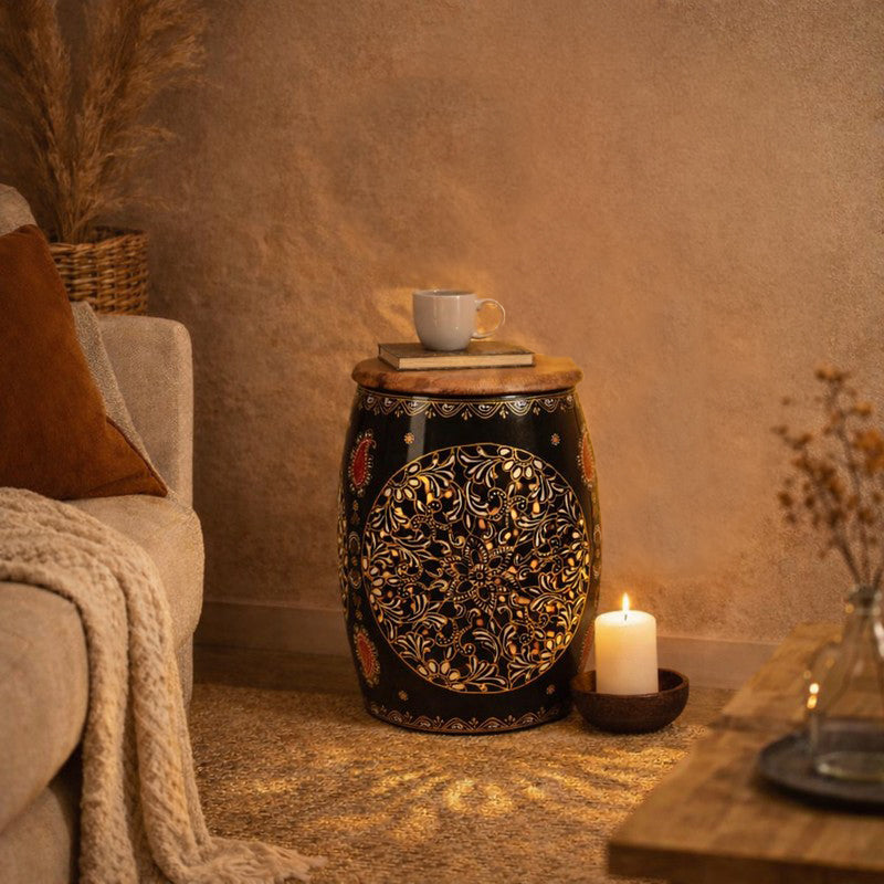 Floral Cutwork Drum Iron Stools - Black media 3
