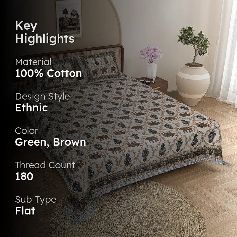 Tejas Ethnic Cotton Bedsheet (Green,Brown) - 180 TC media 2