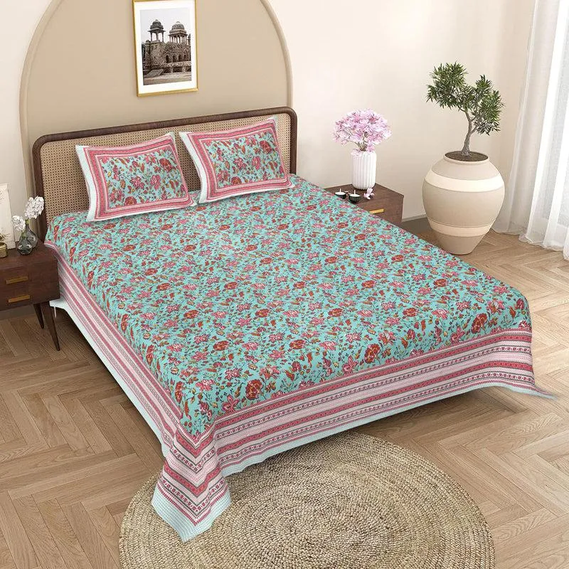 Vishala Ethnic Cotton Bedsheet (Green,Pink) - 180 TC media 1