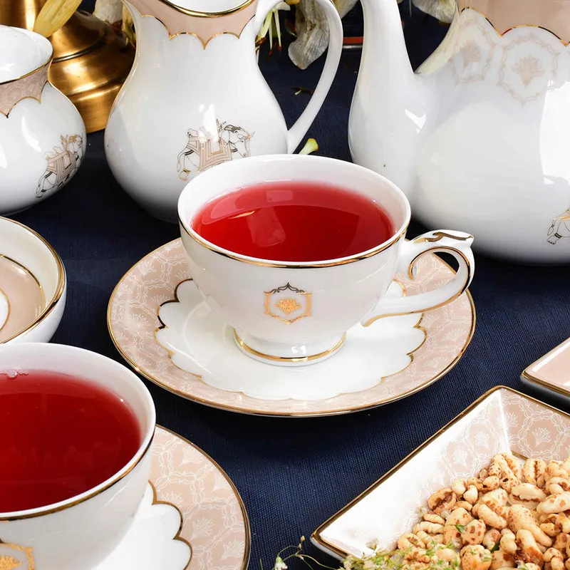 Gilded Legacy 24k Gold Brushed Porcelain Tea Cup & Saucer (Peach/ 300 mL) - Twelve Piece Set media 3
