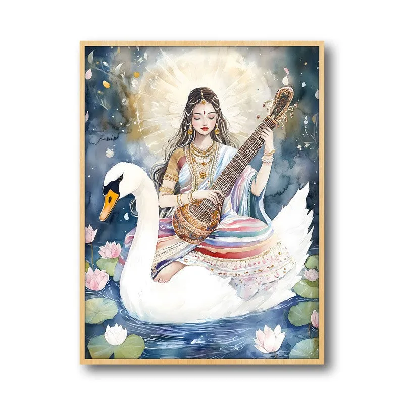 Vidya Swarupini Spiritual Archival Paper Wall Painting - Natural Brown Frame media 5
