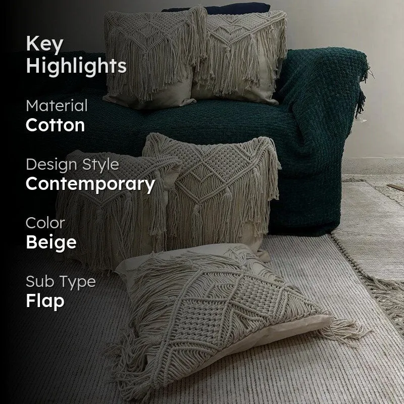 Earth & Twine Macrame Fringed Cotton Cushion Cover - Set Of Five media 2