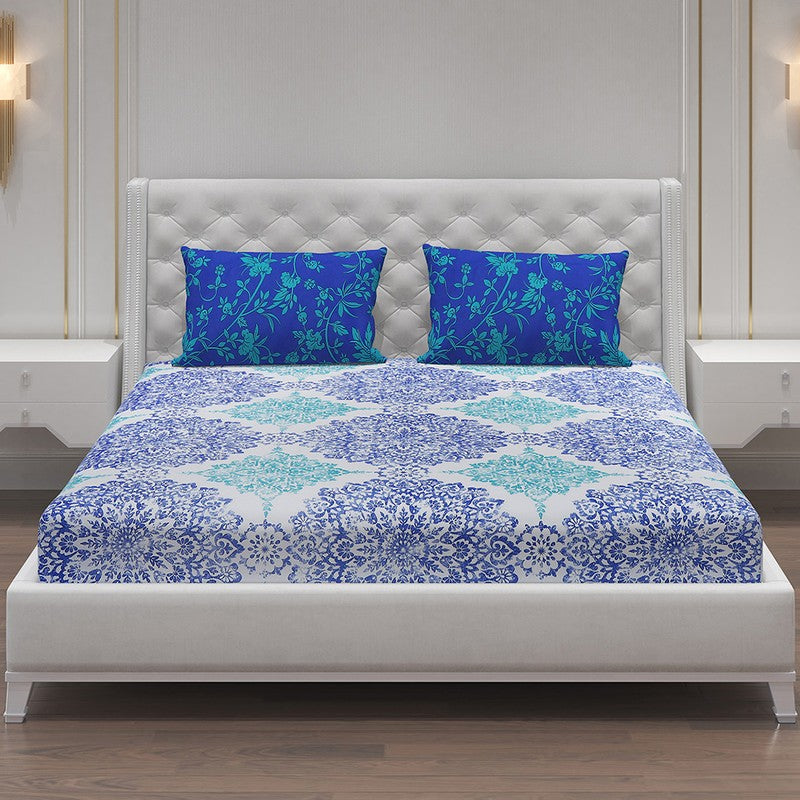 Monte Carlo Dio Mandala Cotton Bedsheet (White,Blue) - 104 TC media 3